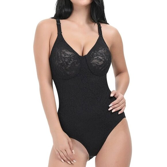 Deep V-Neck Plunging Backline Lace Bodysuit Shapewear with Underwire Bra XL - Picture 3 of 7